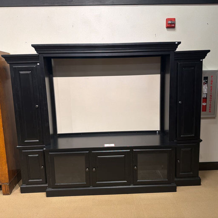 4PC BLACK ENTERTAINMENT CENTER (MISSING SHELVES)(BAH)