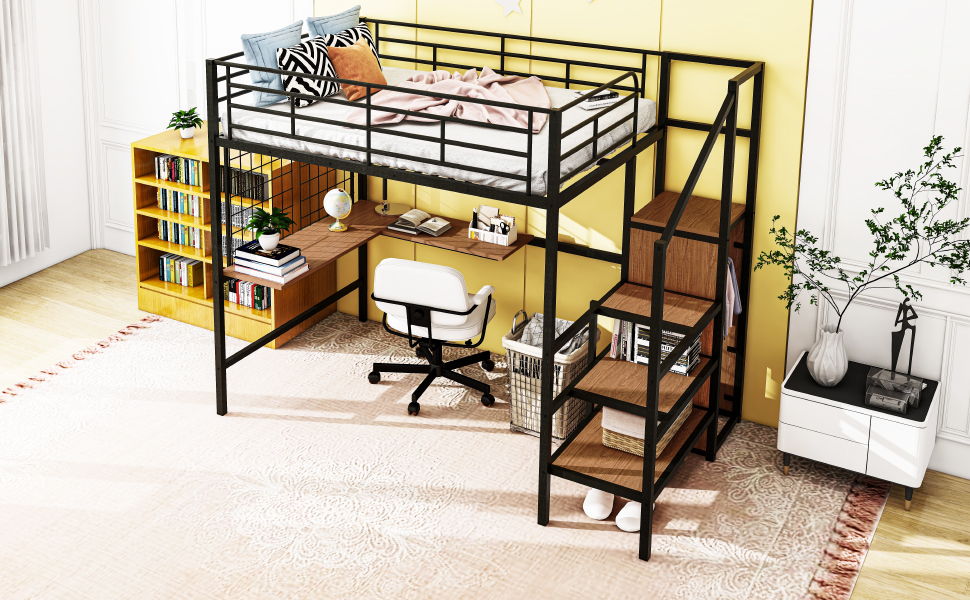 Loft Bed With Desk And Grid, Stylish Frame With Lateral Storage Ladder And Wardrobe