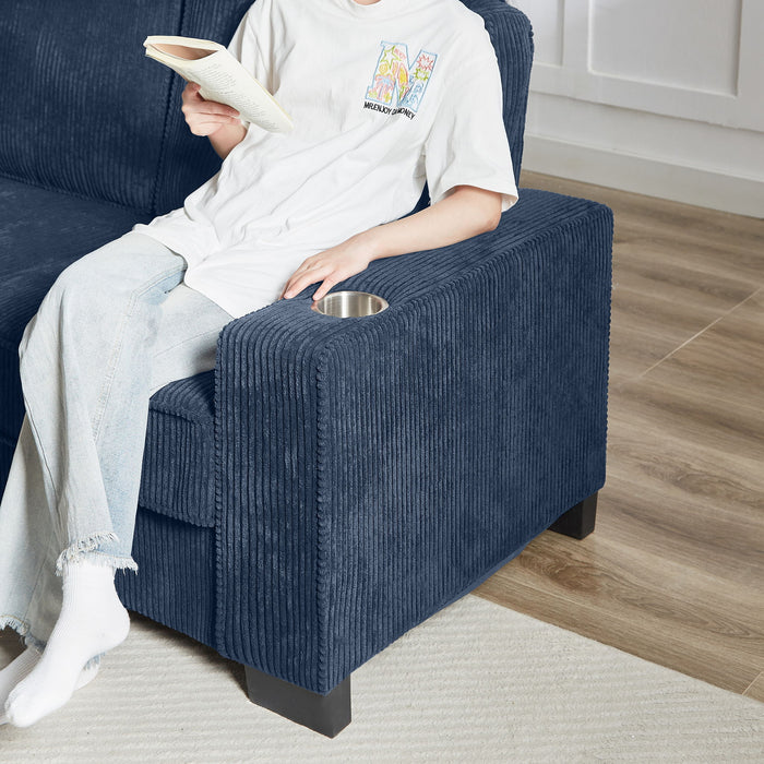 Modern Corduroy Fabric Sofa, 3 Seater Compressed Couch With Cup Holders