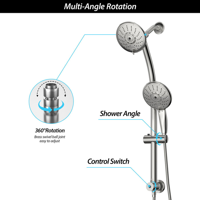 Dual Shower Head With Adjustable Slide Bar And Multi Function Settings
