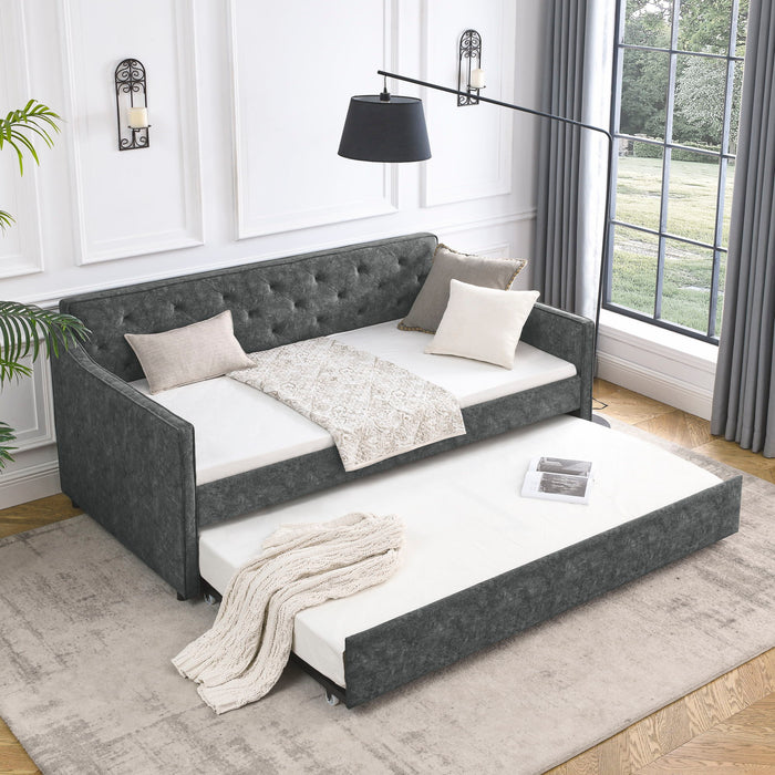 Twin Upholstered Daybed With Trundle, Waved Arms - Gray