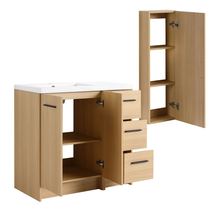 Freestanding Bathroom Vanity Set With Tall Linen Cabinet, 3 Drawers And Large Storage, Single Sink