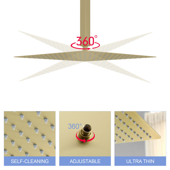 16" Square Rainfall Shower Head Fixed Wall Mount With Full Body Coverage & Self Cleaning Silicone Nozzles