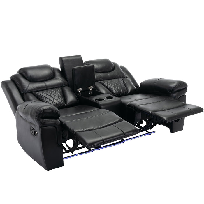 3 Pieces Recliner Sofa Sets Home Theater Seating Manual Recliner Chair With Center Console And LED Light Strip For Living Room