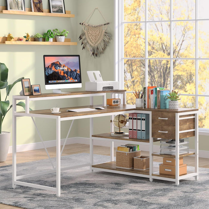 L-Shaped Home Office Desk With Monitor Riser, Drawers, And Storage Shelves