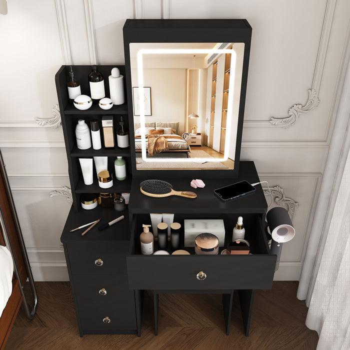 Vanity Desk With 3 LED Lighting Modes, 4 Drawers, Open Shelves, Hair Dryer Holder & Power Socket Dressing Table Set With Chair - Black