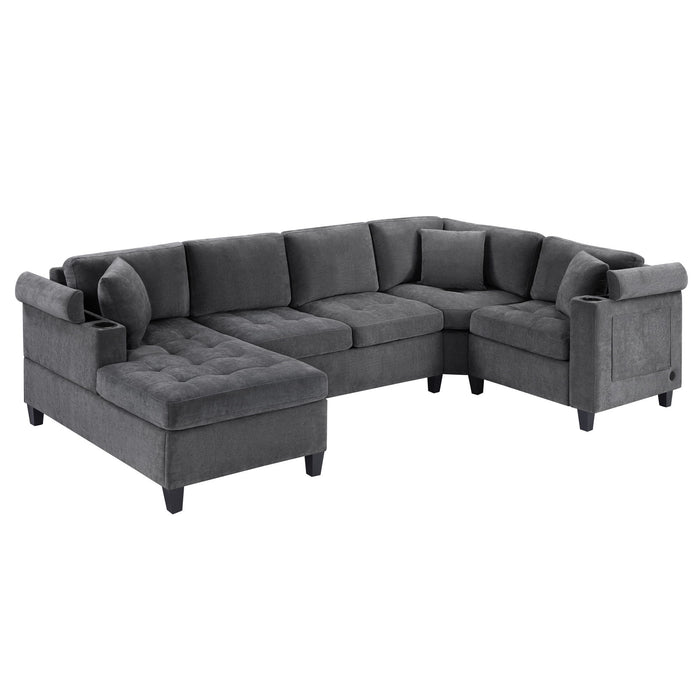U Shaped Sectional Sofa, Corner Living Room Couch With Built In Cup Holders, Storage, USB Ports