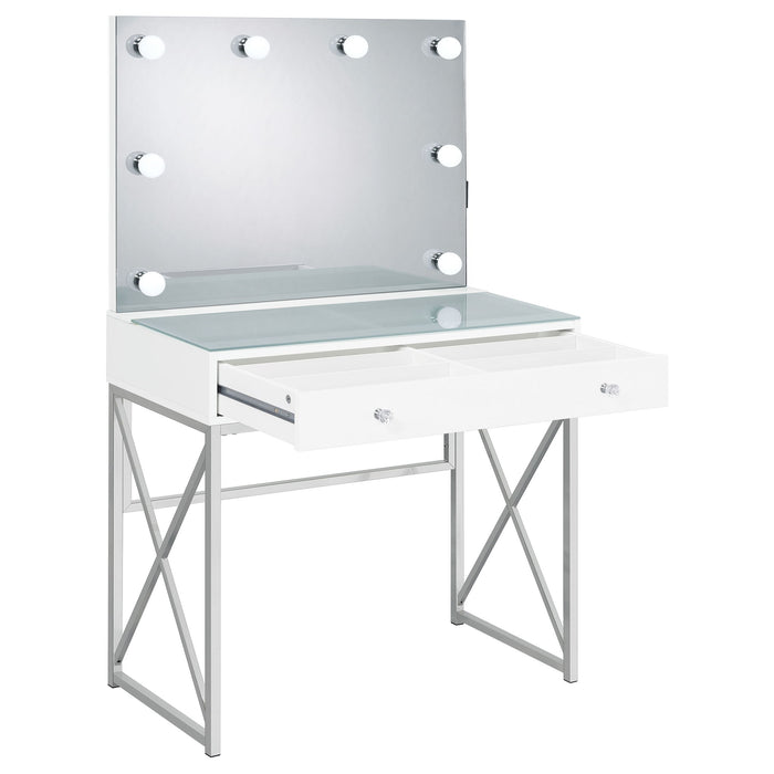 Hamlin - Makeup Vanity Table With Lighted Mirror And Padded Stool - White