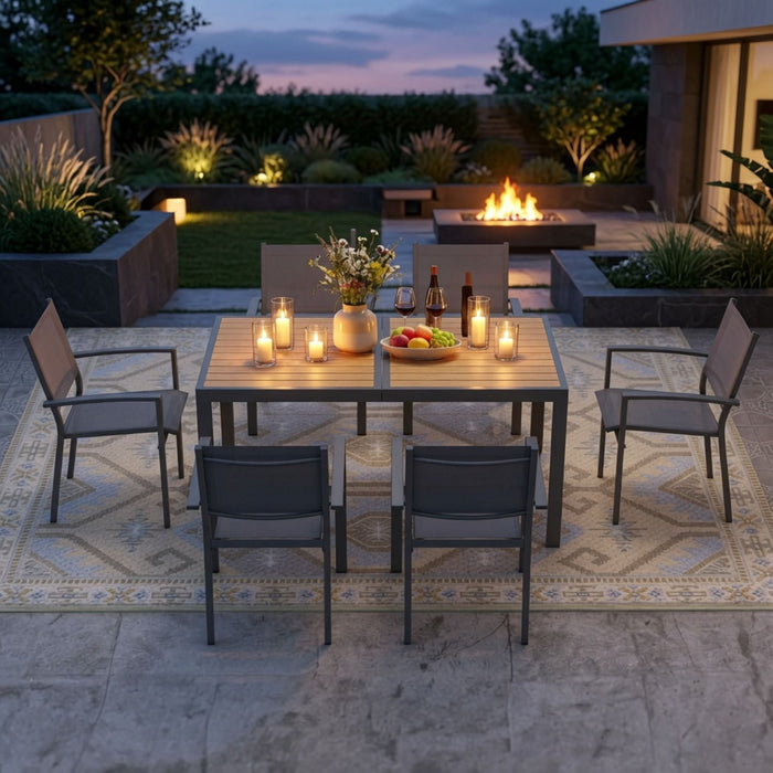 7 Piece Gray Patio Dining Set With Hdps Table And Textilene Chairs For Outdoor Use, Metal Furniture