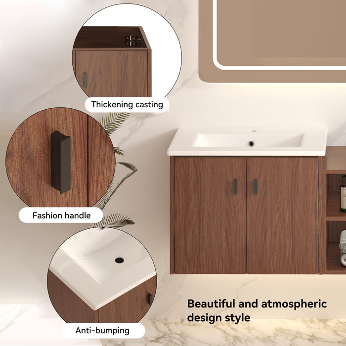 Soft Close Doors Bathroom Vanity With Small Storage Shelves, 24" And 12" Combination Cabinet - Reddish Brown