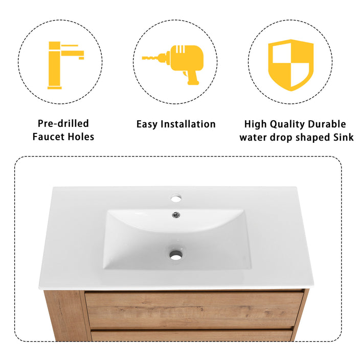 Modern Wall Mounted Bathroom Vanity With Ceramic Sink And Storage Rack, 2 Soft Close Drawers