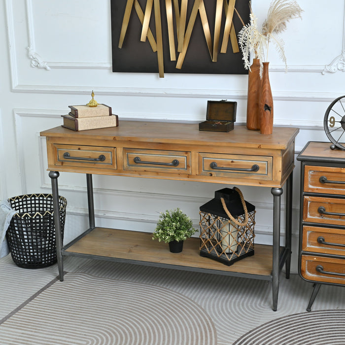 Accent Storage Console Table With Open Shelf And 3 Drawers For Living Room - Natural Wood / Brown