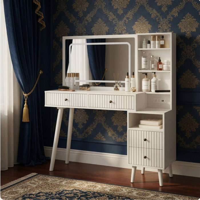 Fluted Vanity Desk With Lighted Mirror & Outlet 4 Drawer, Makeup Table - White