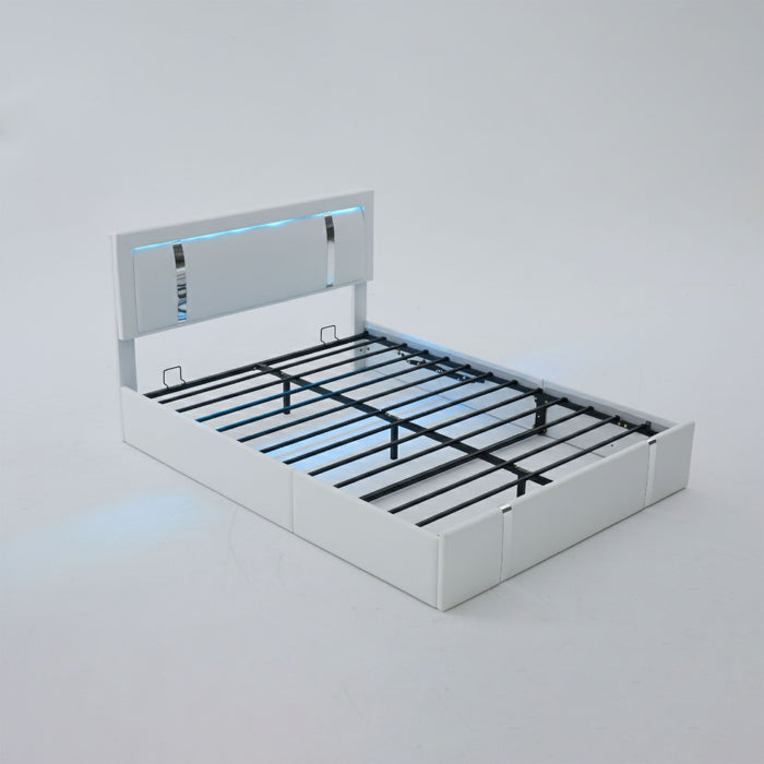 Upholstered Platform Bed Frame With Adjustable LED Headboard, USB C-Charging, Hydraulic Lift