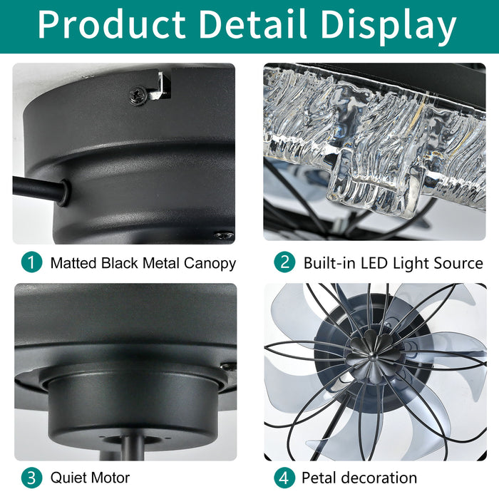 Ceiling Fan With Light, Flower Caged Ceiling Fan With Remote, LED Low Profile Ceiling Light - Matte Black