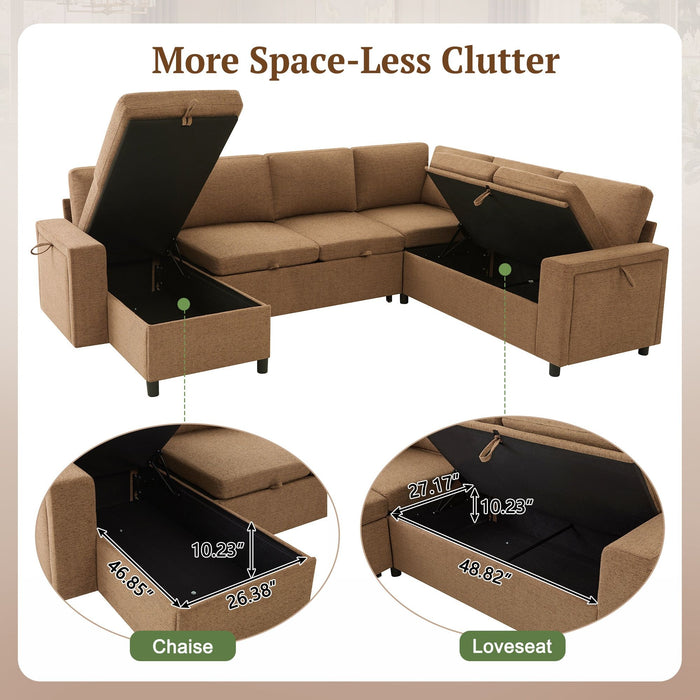 U - Shaped Convertible Sectional Sofa Bed With Storage, USB Charger & Cup Holders