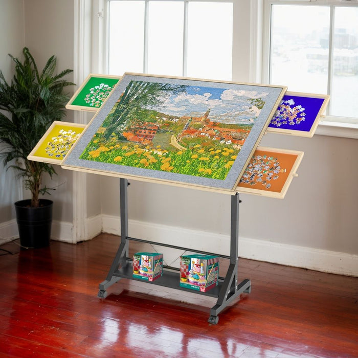 360 Degree Tilting Wooden Puzzle Table With 1500 Pieces, Rolling Design With Adjustable Height, Drawer, And Protective Cover - Black / Natural Wood