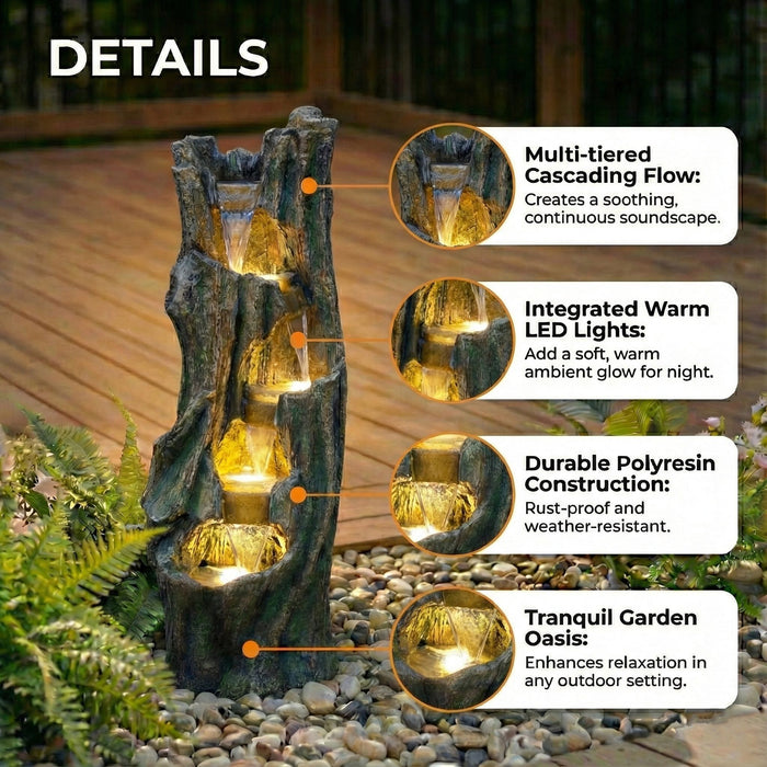 Tree Trunk Cascading Water Fountain, Outdoor LED Lighted - Gray