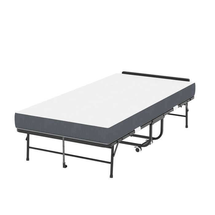 Twin Adjustable Headboard Folding Bed With Memory Foam Mattress, Heavy-Duty Frame Cot For Tall People, Portable Guest On Wheels - Black