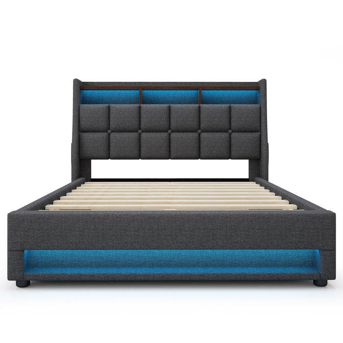 Platform Bed With Hydraulic Storage, LED Lighting & Charging Station