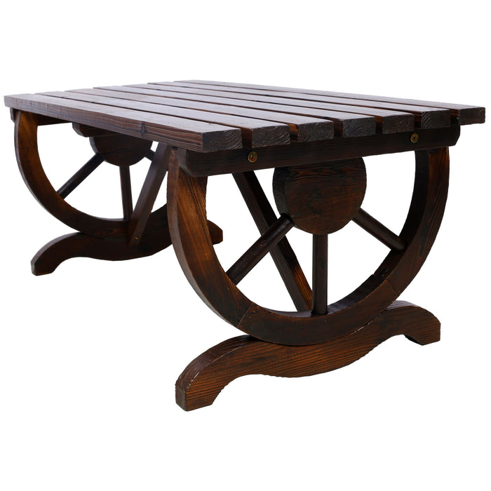 Rustic Wooden Bench With Wagon Wheel Legs For Garden And Patio - Brown