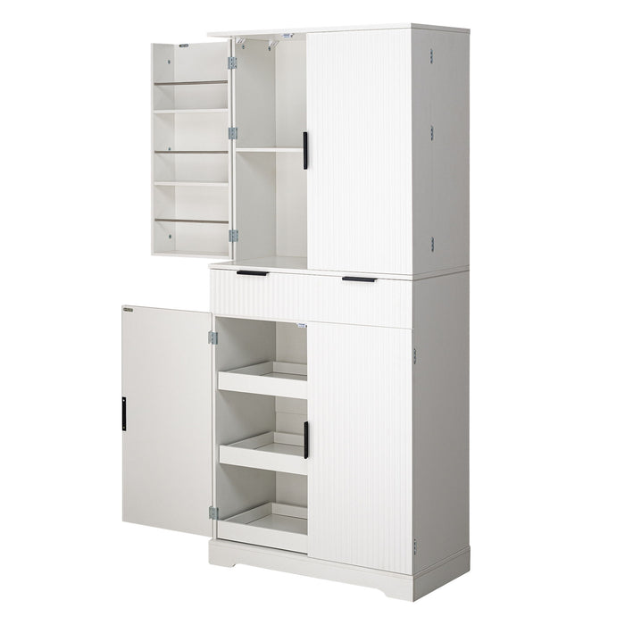 Fluted Kitchen Pantry Cabinet With 3 Keyboard Drawers & 6 Adjustable Door Shelves