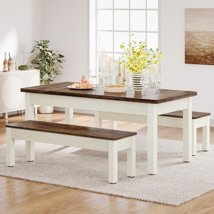 Dining Table Set For 4 - 6 With Tuck Under Benches - Brown / White