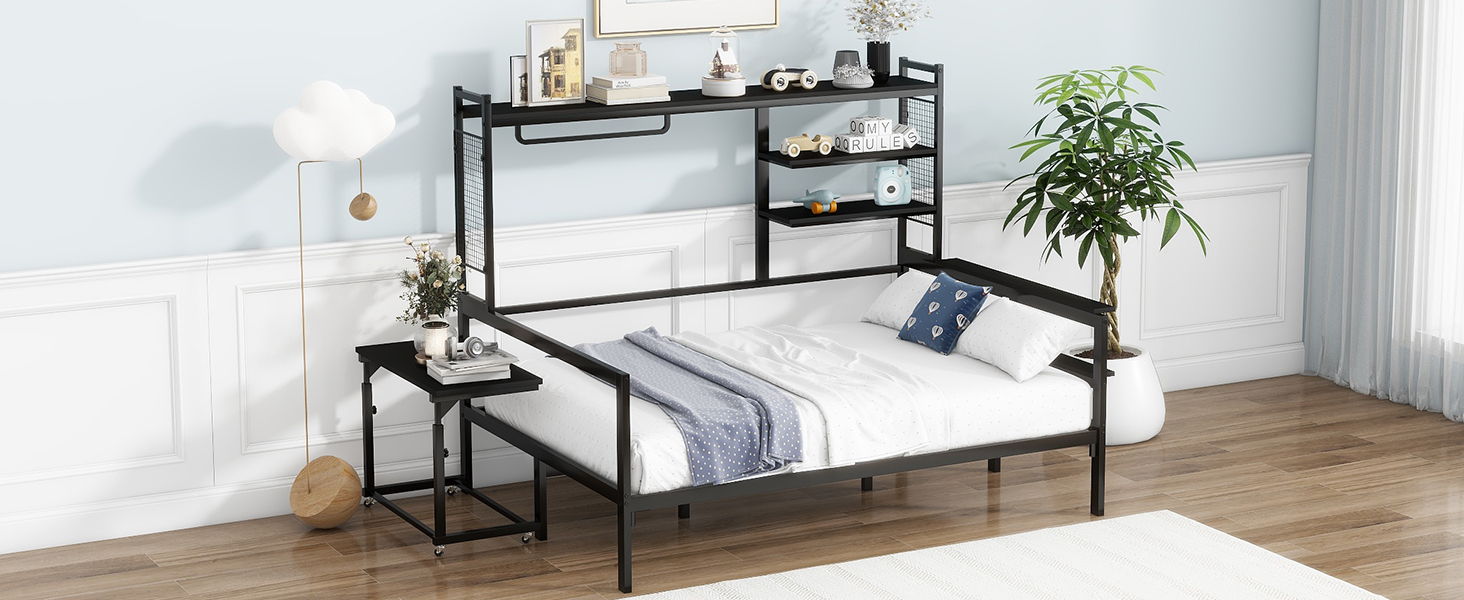 Daybed With Movable Desk, Grid, Shelves And Clothes Hanger