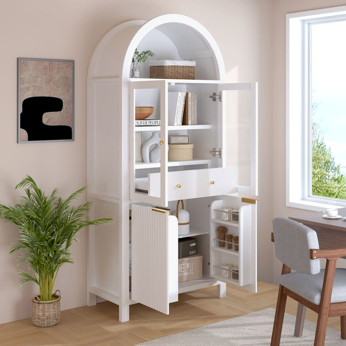 Fluted Tall Arched Pantry Cabinet With Adjustable Shelves, Glass Door & Hidden Drawer For Kitchen