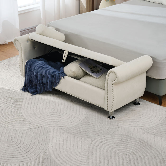 Storage Bench With Crystal Buttons And 1 Pillow For Bedroom