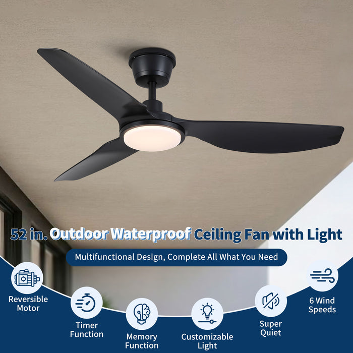 Outdoor Waterproof Ceiling Fan With Light And Quiet DC Motor, Blades For Bedroom - Black