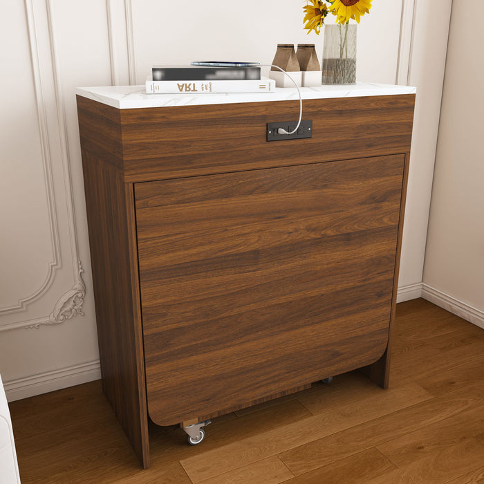 Extendable Dining Table With Power Socket, Lockable Casters, Storage Cabinet, Pull Out Kitchen Island - Natural Walnut
