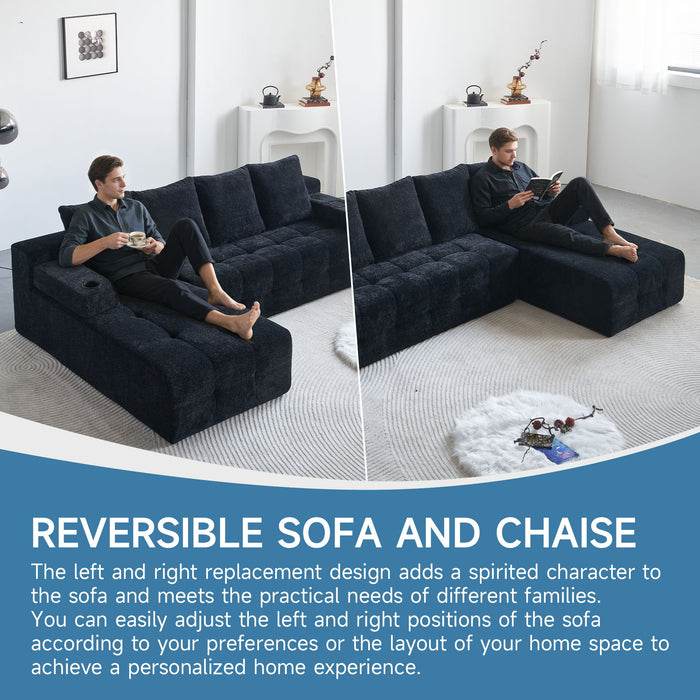 L - Shaped Sectional Sofa With Side Pockets, Wireless Charging, USB Ports, Cup Holder, Bluetooth Speaker, Reversible Lounge Chaise - Black