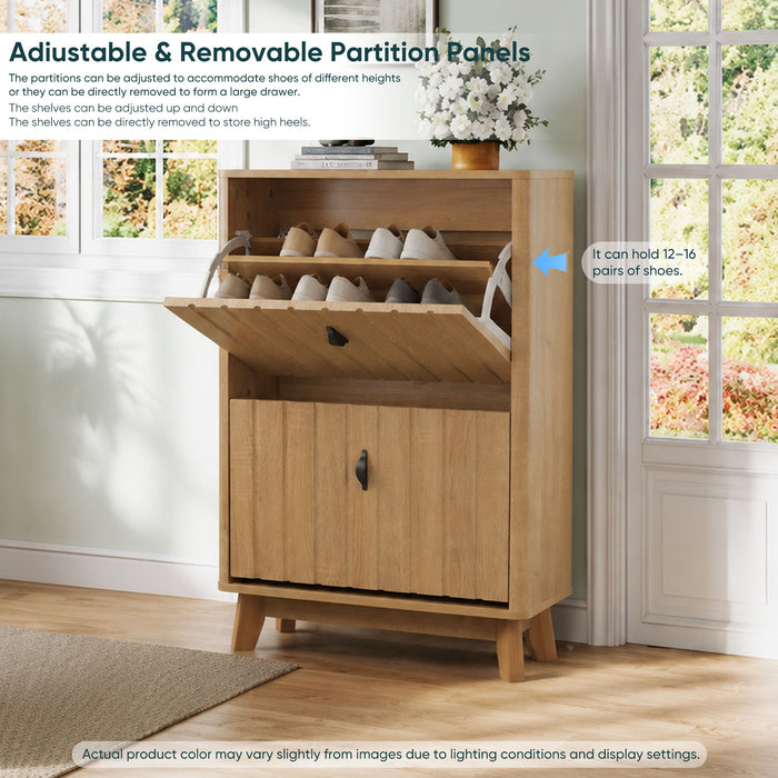 Entryway Shoe Cabinet With Flip Down Storage, Ultra Thin Freestanding Design For Home Use - Oak