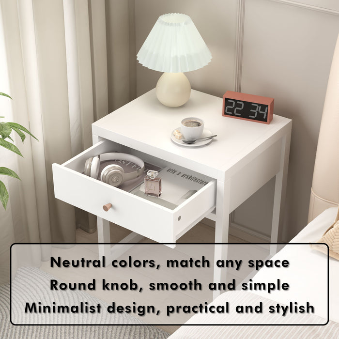 Nightstand With Drawer, Minimalist Bedside Table, Compact End Table For Bedroom - White