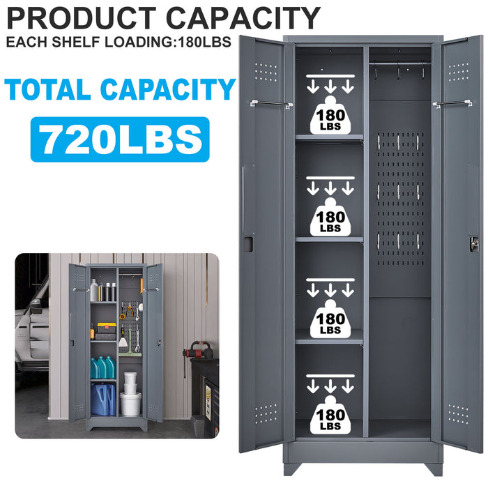 Heavy Duty Storage Cabinet With Locking Doors, Hanging Rod & Shelves, Broom Closet - Gray