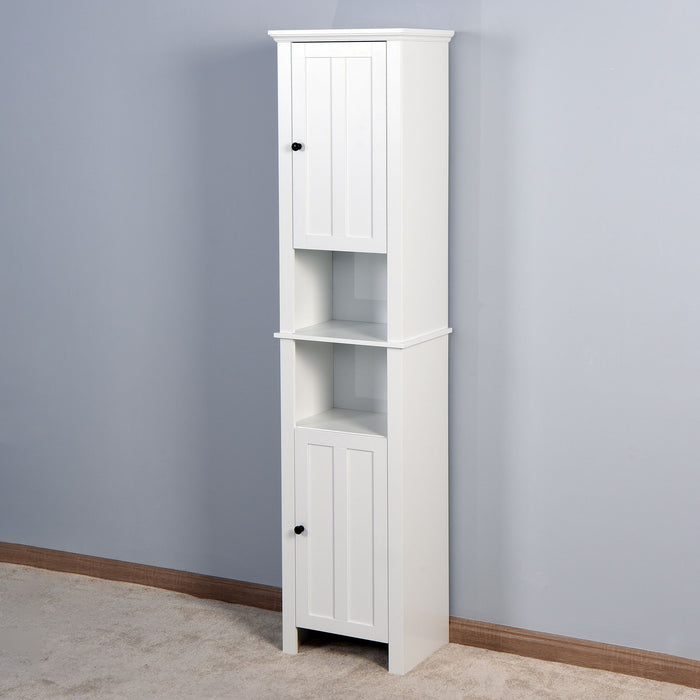 Wooden Bathroom Floor Storage Cabinet With 2 Doors And 6 Shelves - White