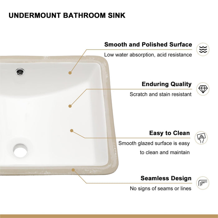 European Style White Ceramic Rectangular Undermount Bathroom Sink With Overflow