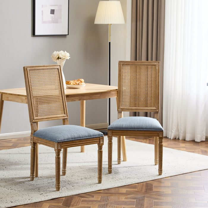 French Country Dining Chair With Rectangular Cane Backrest And Smooth Upholstered Seating