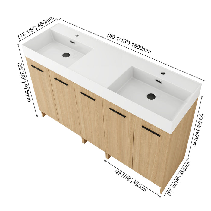 Double Sink Bathroom Vanity With Extra Large Storage, Integrated Sink, Freestanding Cabinet, Soft Close Doors - Glossy White / Light Oak