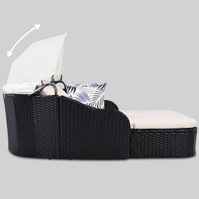 Outdoor Sunbed With Adjustable Canopy, Double Lounge, Daybed - Black / Beige