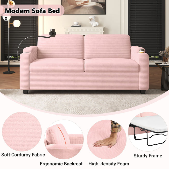 Sleeper Sofa Loveseat Sofa With Full Size Mattress, 2 USB Ports, 2 Cup Holders, 2 Side Pockets And Phone Holder