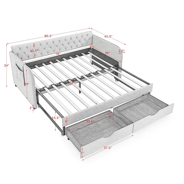 Daybed With Trundle And Storage Drawers, Flat Arms With Pocket