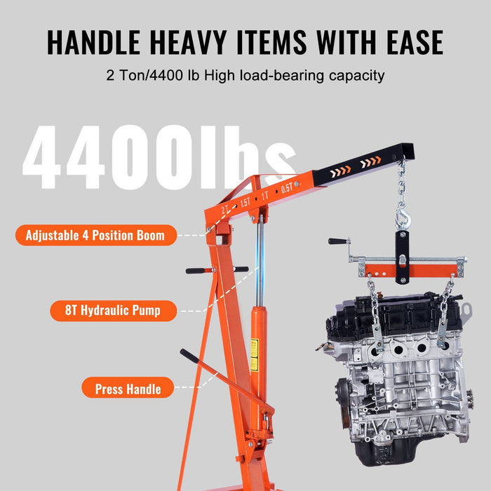 Hydraulic Engine Hoist With Lever, 2 Ton Capacity, Foldable Design For Auto Repair - Orange