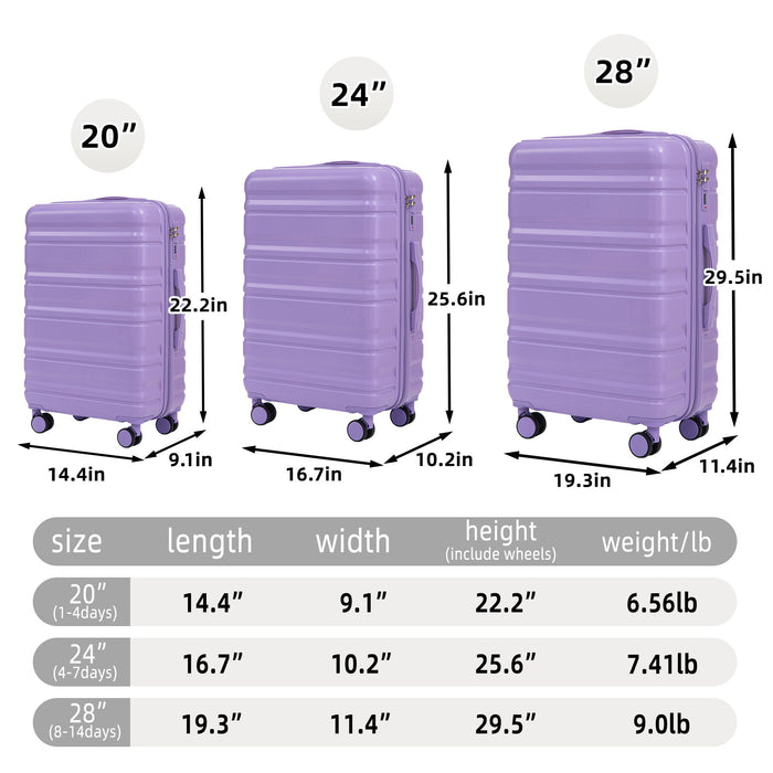 3 Piece 20" / 24" / 28" Spinner Luggage Set & Combination Lock, Durable Hard Shell With 360° Silent Wheels - Blue / Purple