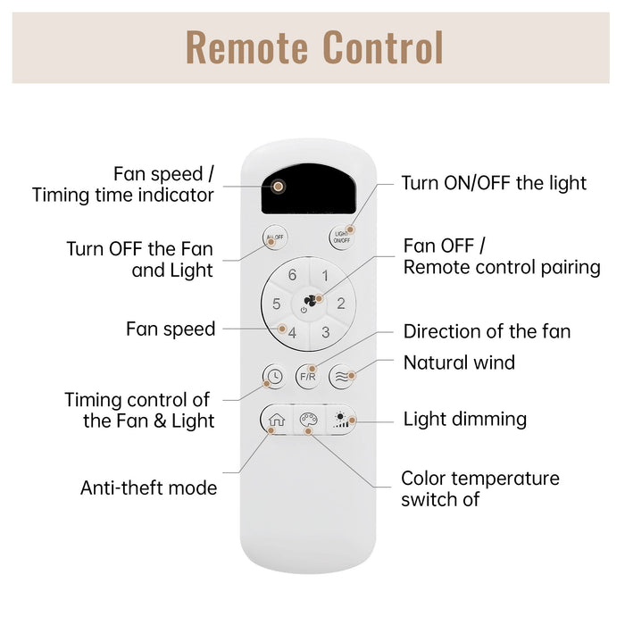 52" Ceiling Fan With 3 Color Dimmable LED Light, 5 Blades, Remote Control, Reversible DC Motor