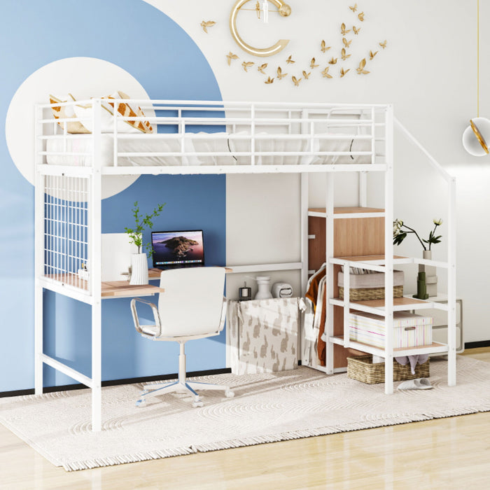 Loft Bed With Desk And Grid, Stylish Frame With Lateral Storage Ladder And Wardrobe