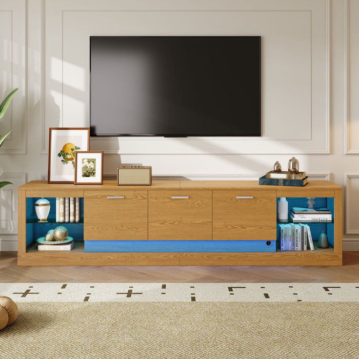 TV Stand With 6 Cabinets & 2 Open Compartments, Entertainment Center For TVs Up To 90'', Television Console - Natural Wood