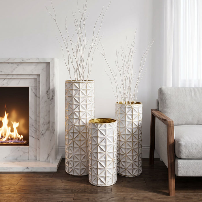 Tall Textured Geometric Decorative Floor Vases Home Decor (Set of 3) - White / Gold