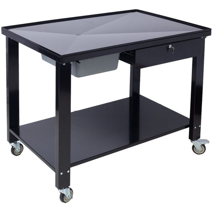 Transmission Teardown Work Station 1 / 2 Ton Capacity Sloping Drain Table Locking Drawer Removable Drain Basin Full-Width Lower Shelf Four 4" Caster Wheels